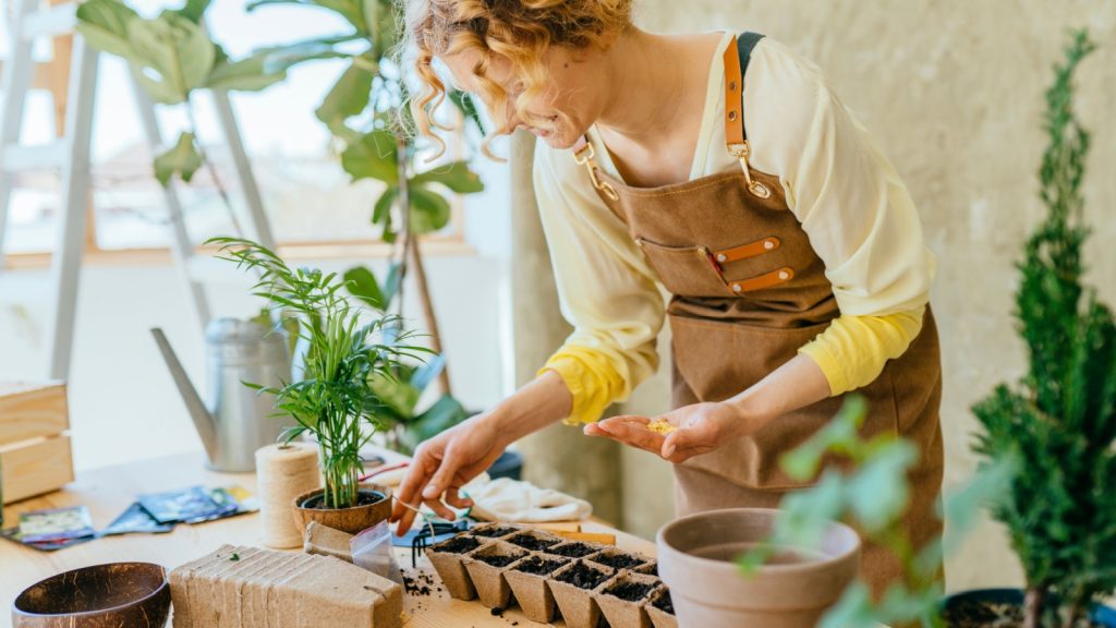 woman in her garden planting seeds