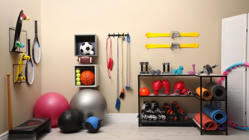 different sports equipment in a storage room