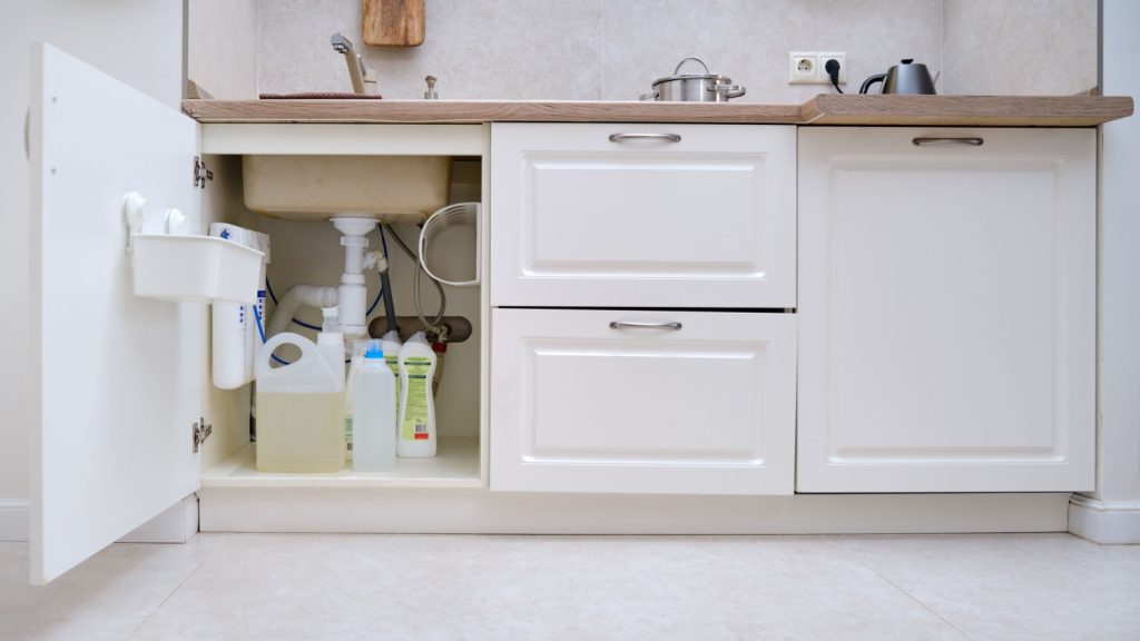 Detergents and cleaning products under the sink with door-mounted storage on the cabinet door