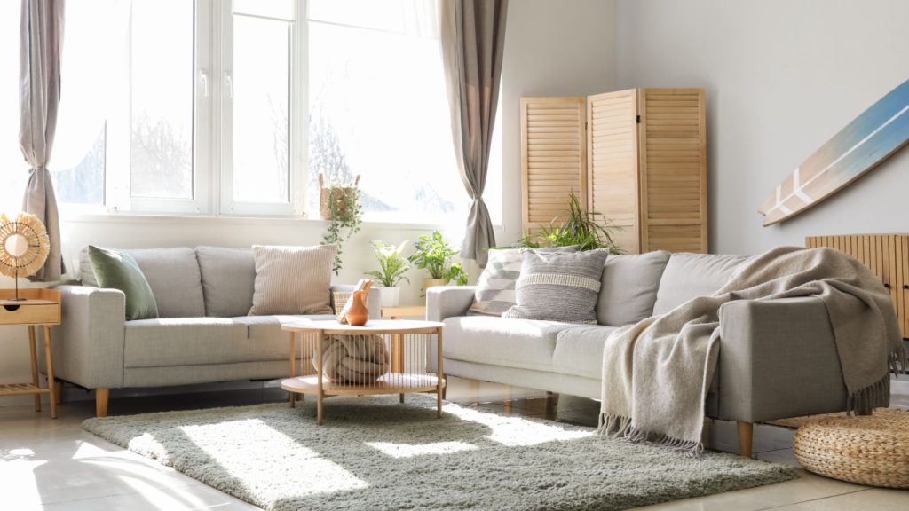 natural light shining through the  living room with surfboard, houseplants and sofas