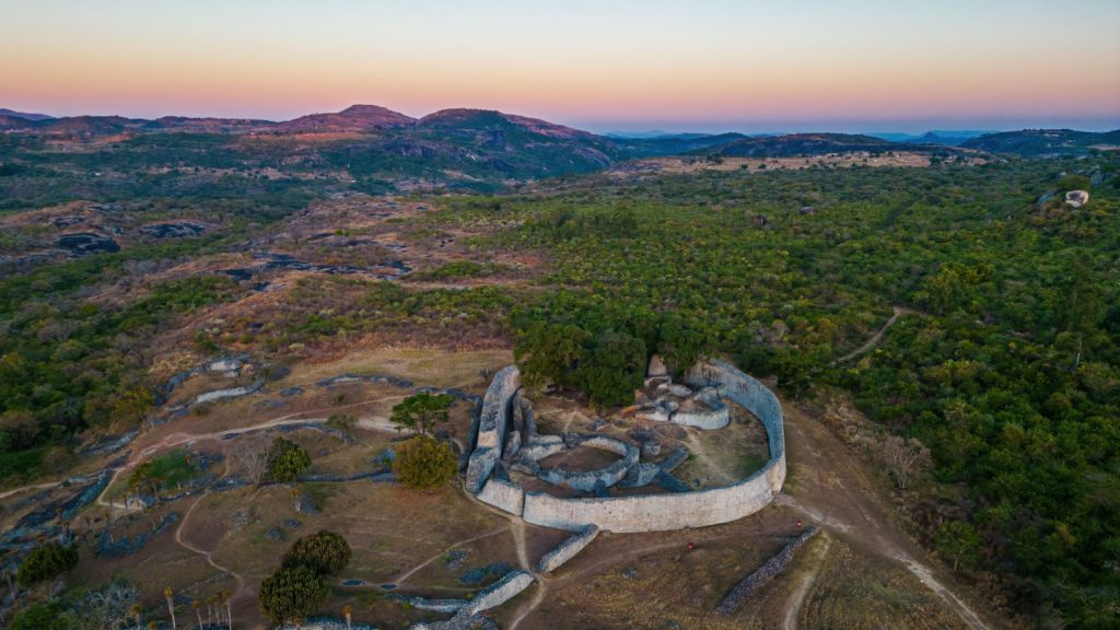 Aerial view of ruins of Great Zimbabwe