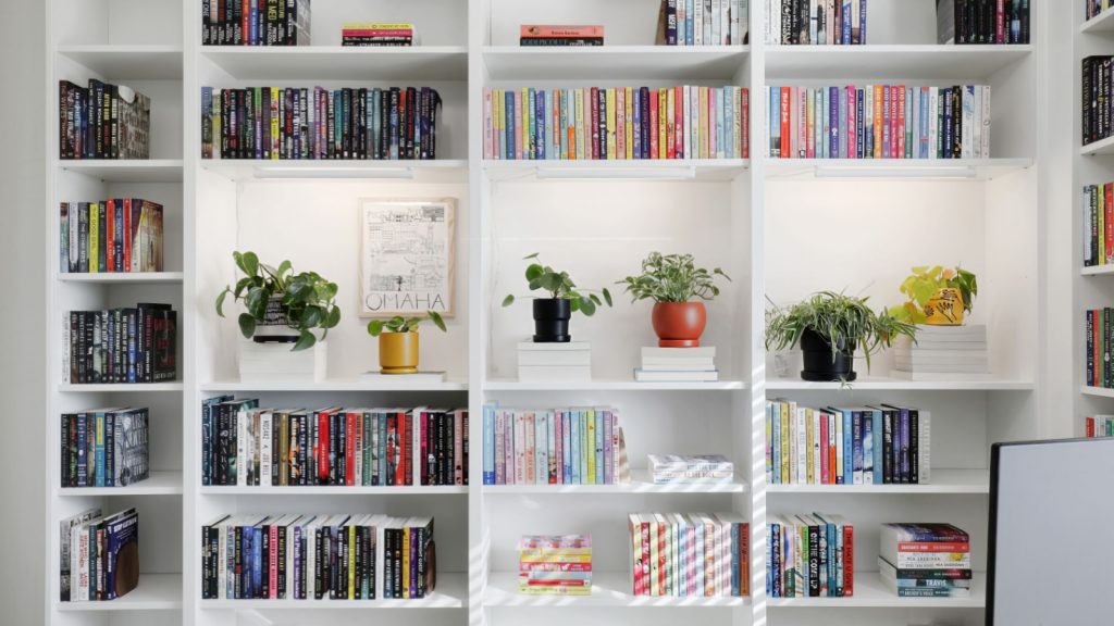 floor to ceiling white bookshelves with books