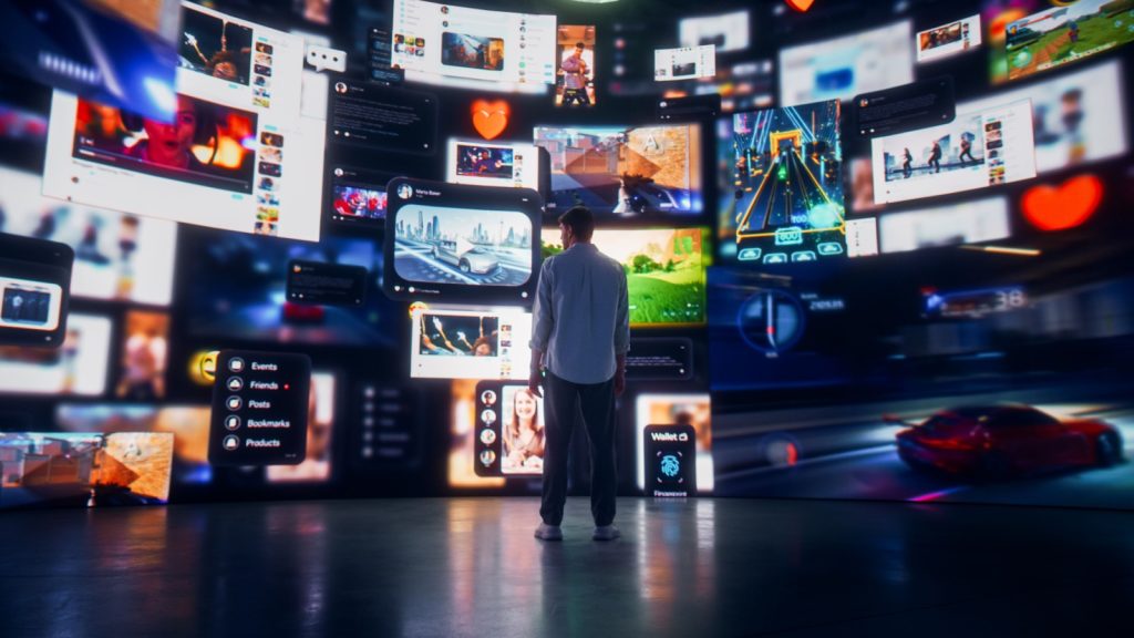 a man looking at different monitors of stream of content