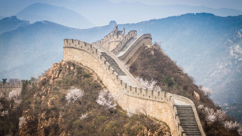 badaling section of great wall of china above the mountain range