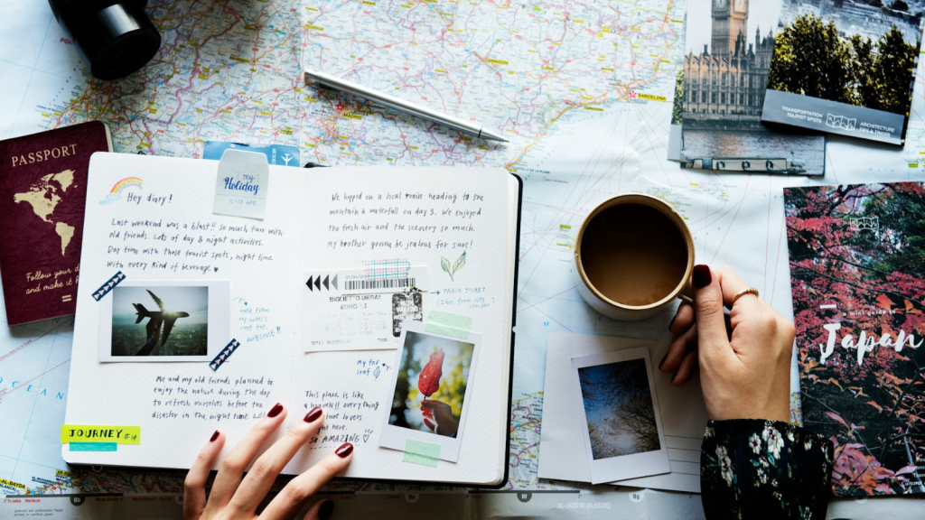 Trip planning with map and journal on the table