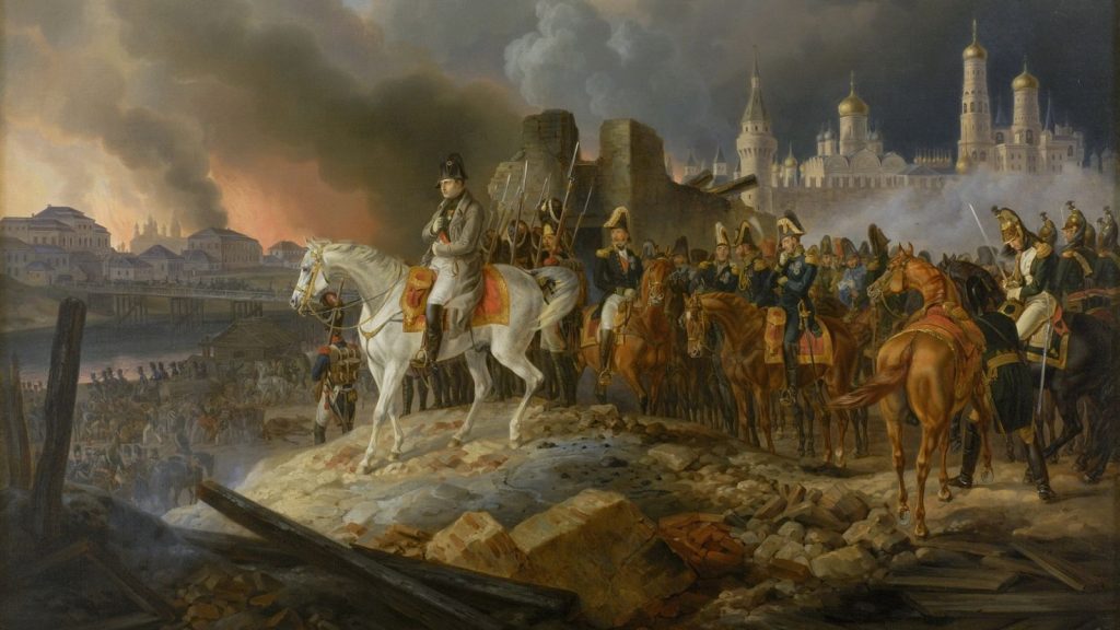 a painting of Napoleon in burning Moscow