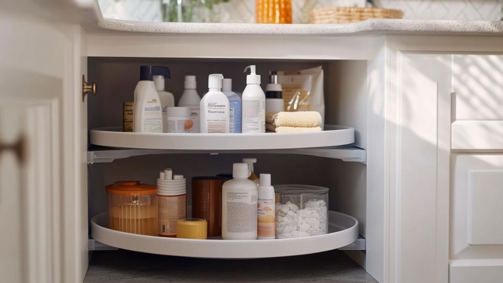 a photo of a double-decker lazy Susan under the sink for storing cleaning products or toiletries