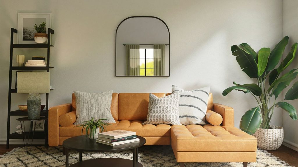 mirror in the middle of a neutral colored living room with couch