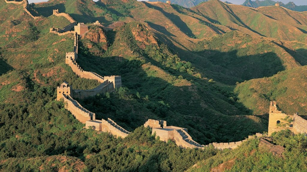 top view of great wall of china in the mountains