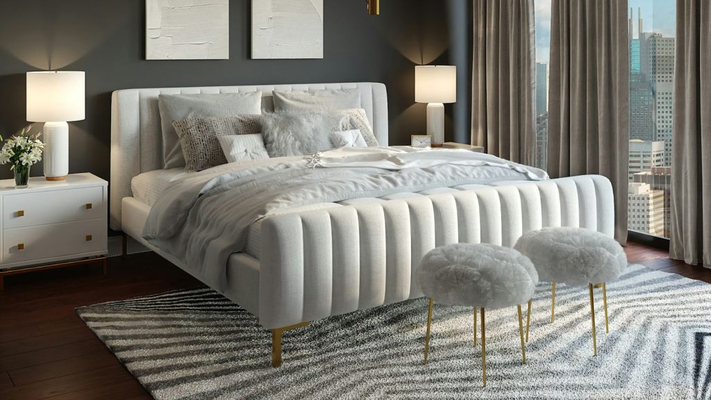 monochromatic bedroom with plush rug beneath