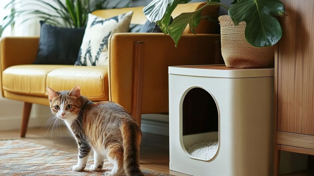 a cat waiting outside the modified litter box