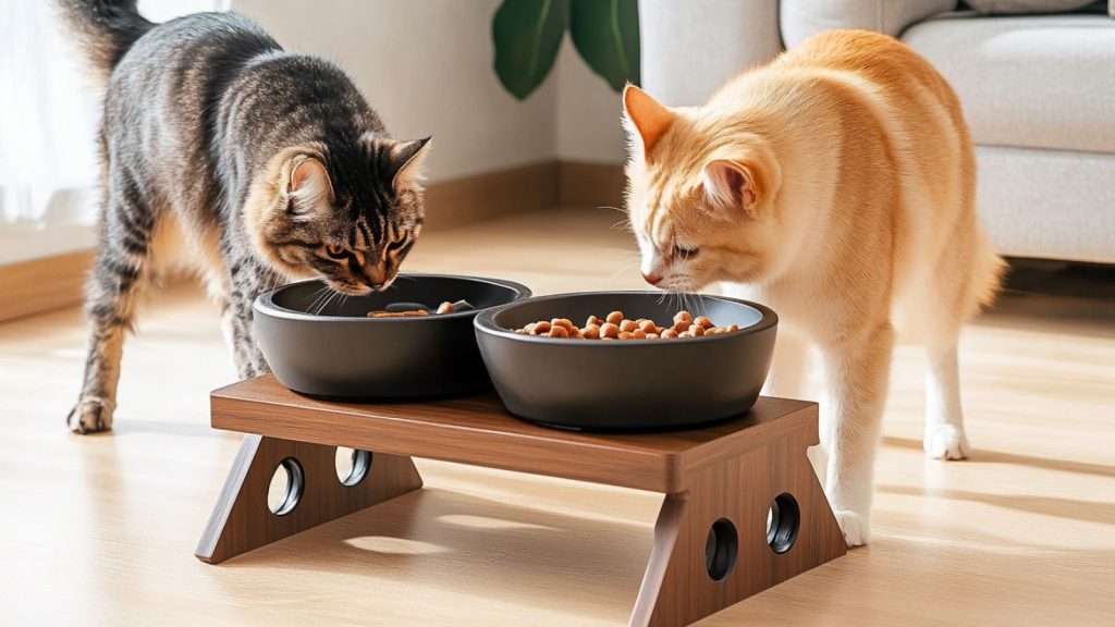 two cats eating on the elevated food bowl