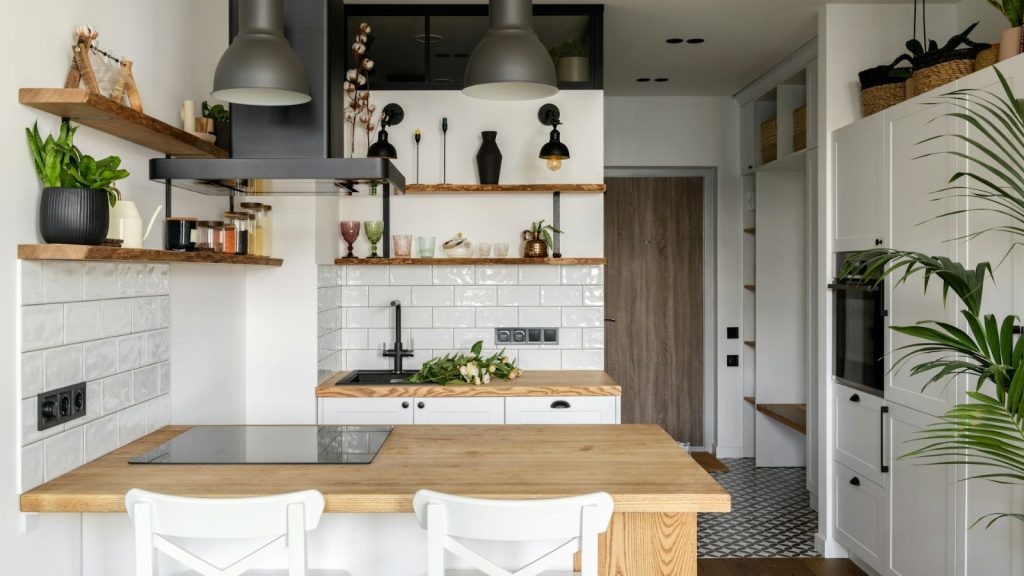 countertop near the kitchen with houseplants