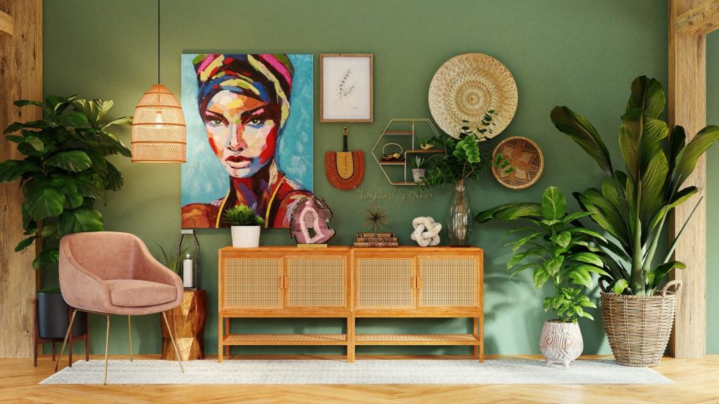 eye-catching wall painting above a bamboo shelf in a room with sage color