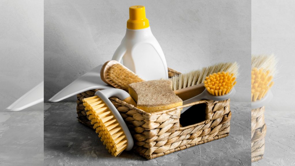 a cleaning caddy with cleaning tools like spray, scrubber