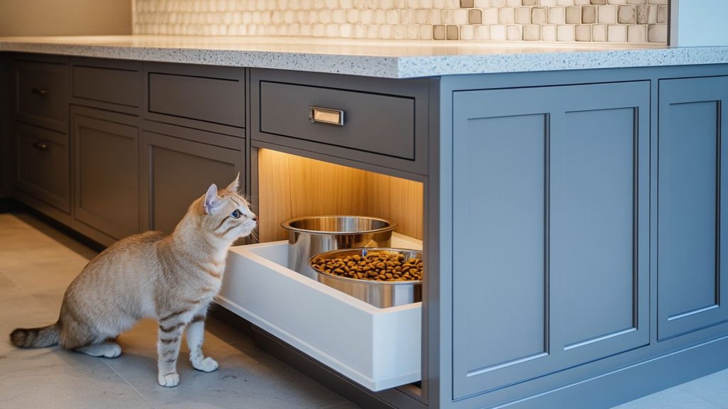 a cat looking at the  pull-out drawer containing food and water bowls