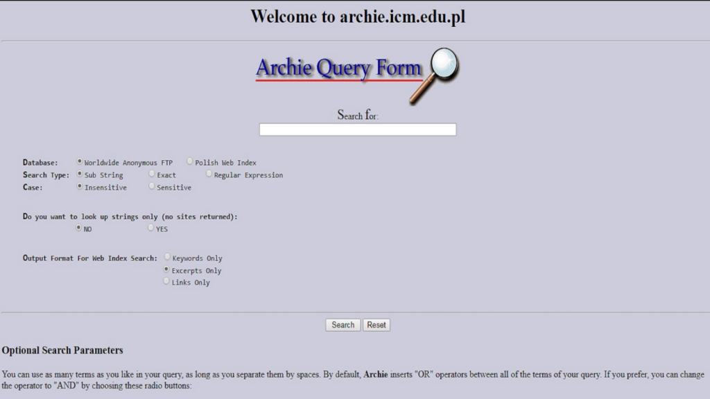 screenshot of archie search engine