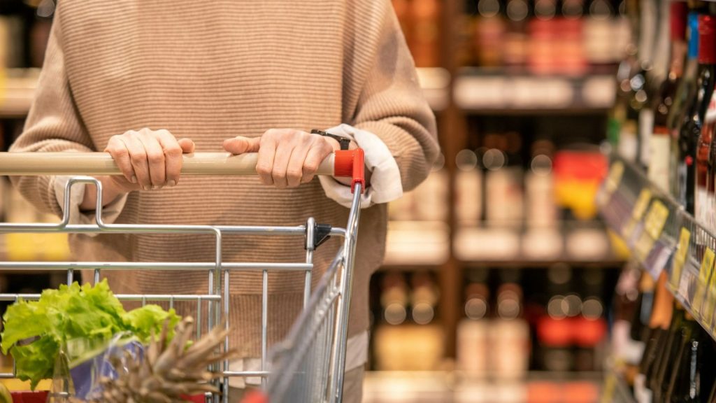 a woman pushing a trolley or shopping cart