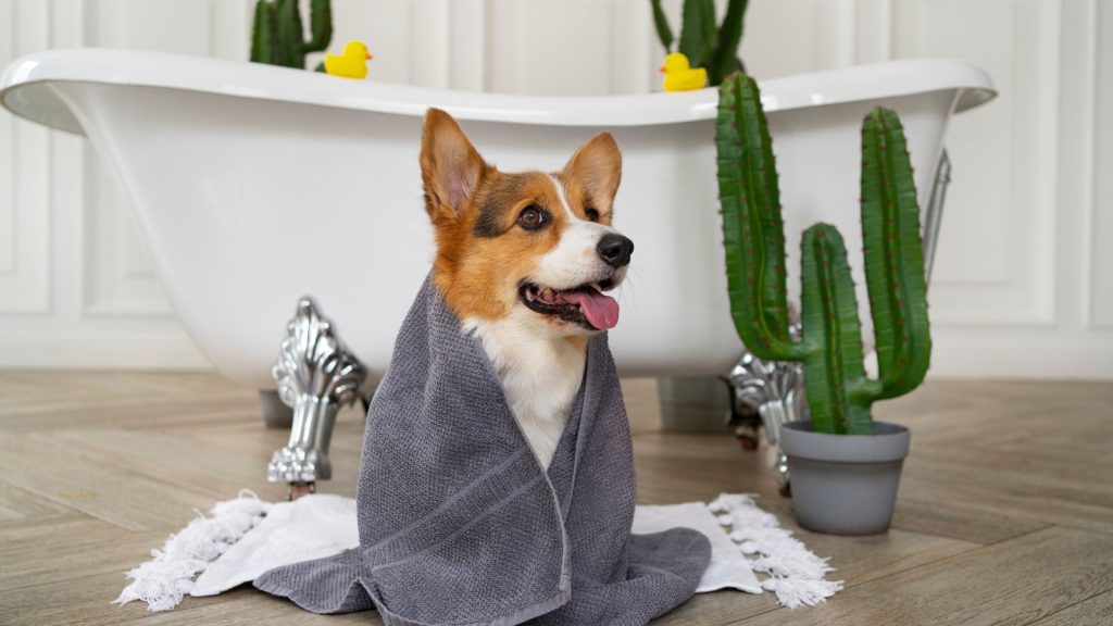 cute corgi with a towel wrapped around and a tub behind