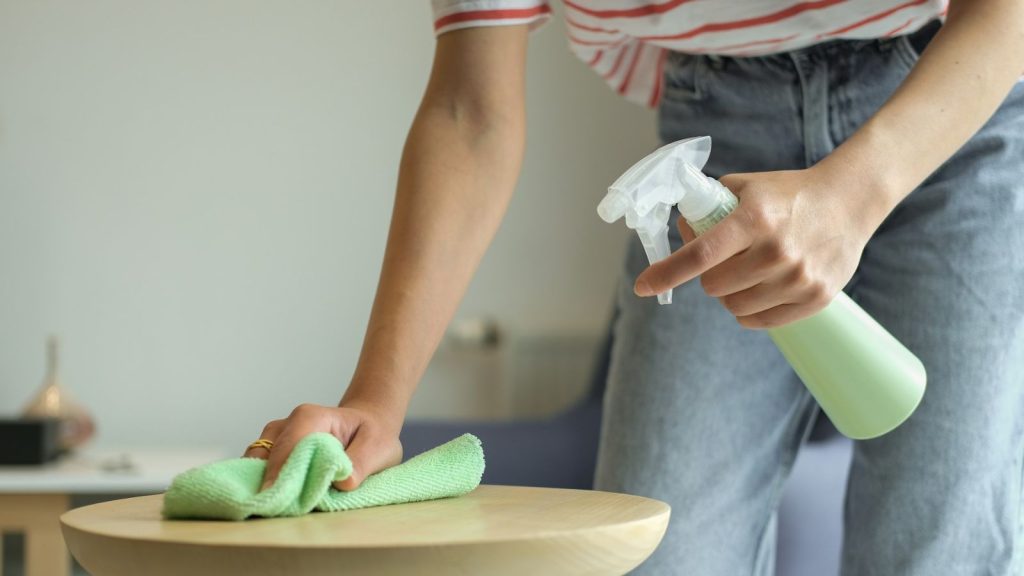 person cleaning the table with cleaning product and rug