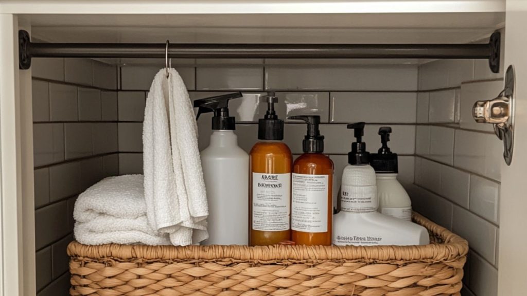 a photo of a cabinet under the sink with a tension rod installed with sprays hanging and other cleaning products in a woven basket below