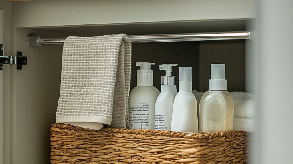 a photo of a cabinet under the sink with a towel rod installed with sprays hanging and other cleaning products in a woven basket below