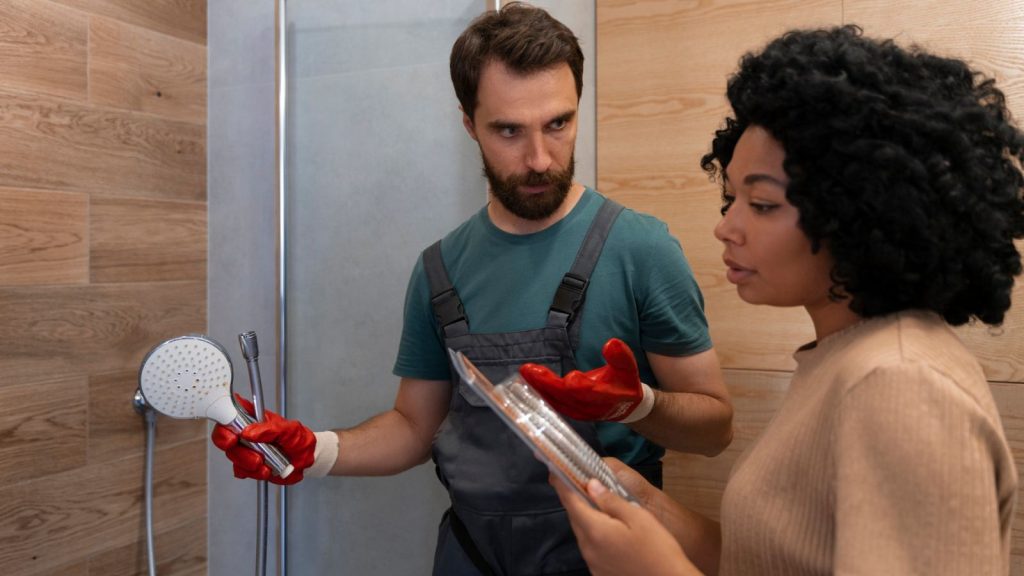 Man working as plumber holding a shower head with a woman.