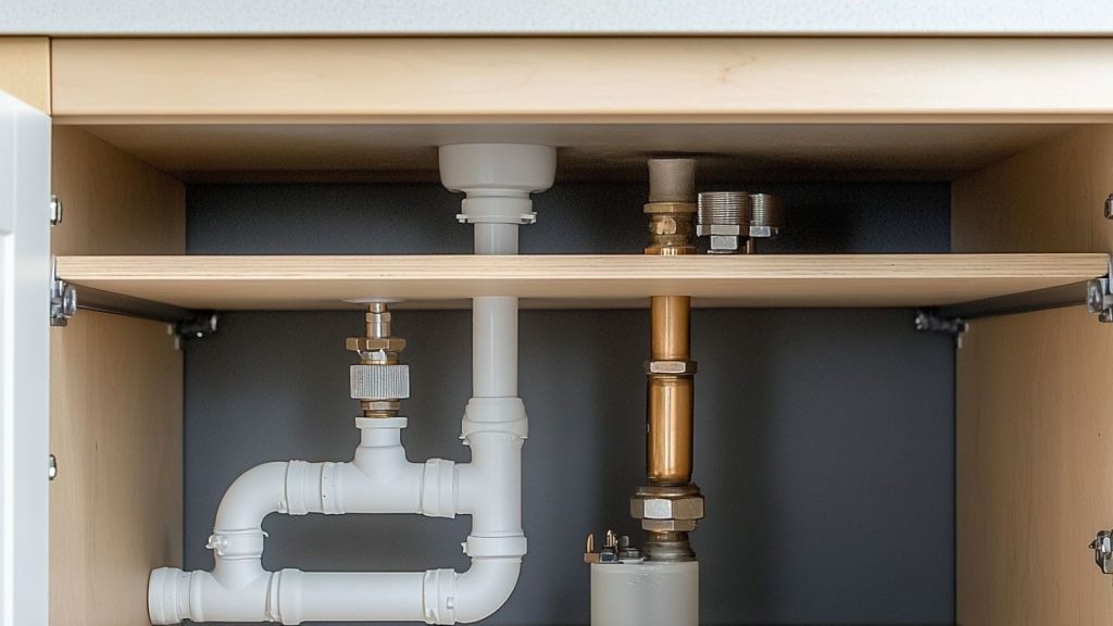 a custom shelf that fits around the under the sink's plumbing