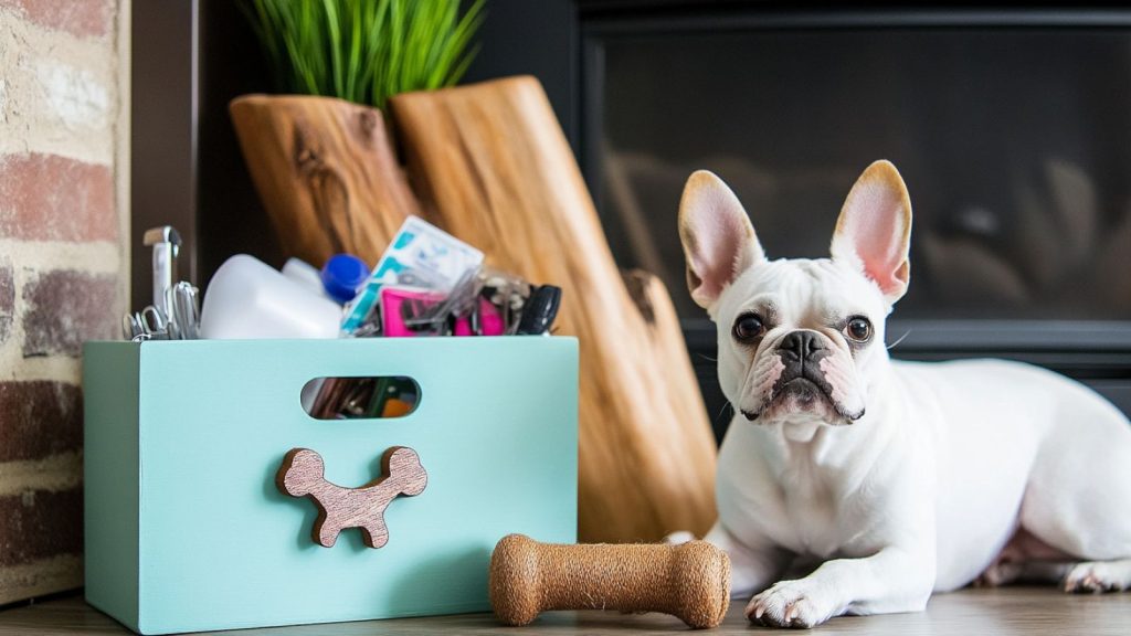 decorative box with pet supplies to keep things organized with a dog nearby