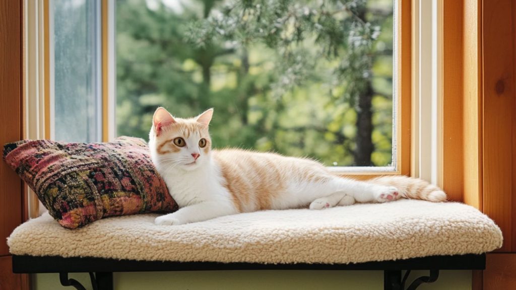 a cute cat lying down on the window perch with fully seat