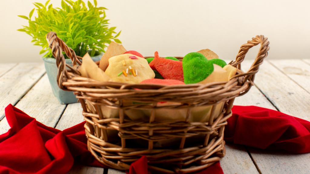 Colorful cookies in a wooven basket