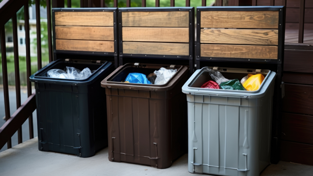 garage recycling station with separate bins for different materials