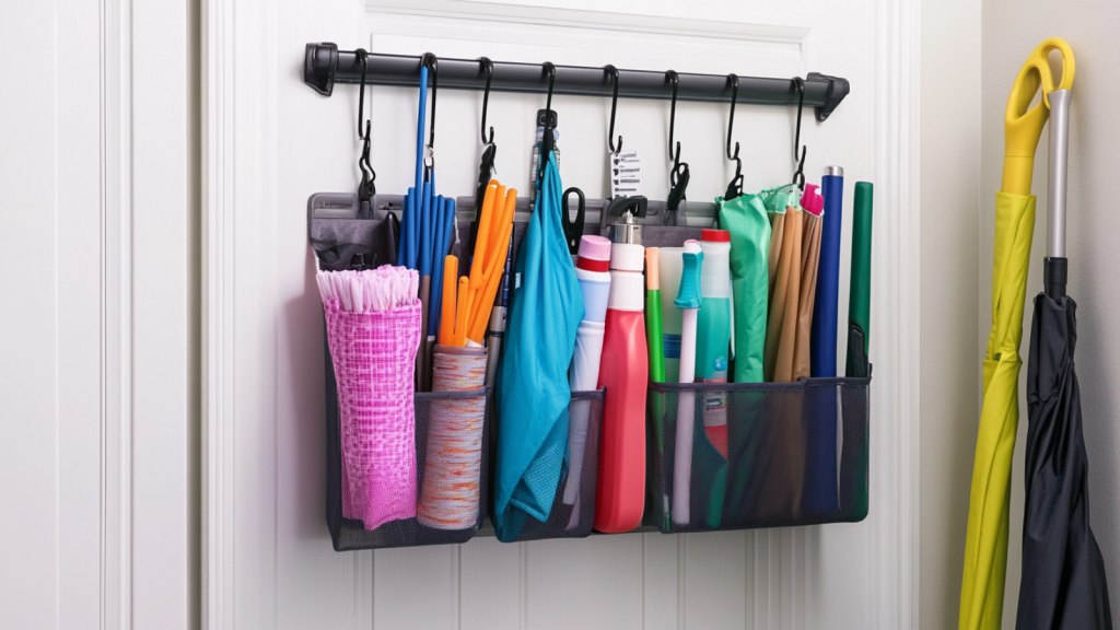 over-the-door organize with umbrellas, keys, and cleaning supplies