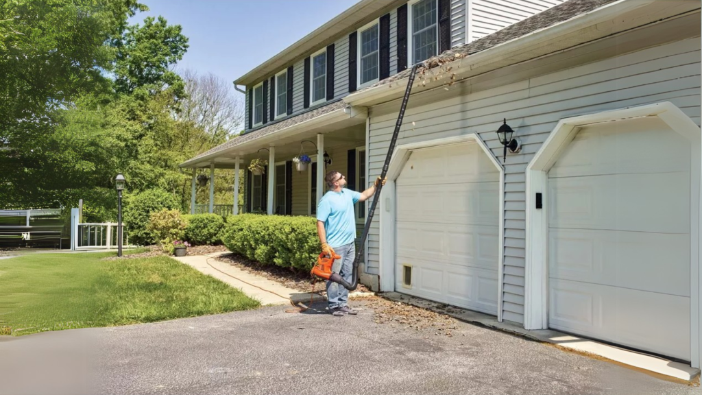 a man using a leaf blower attachment for cleaning the gutter of his house